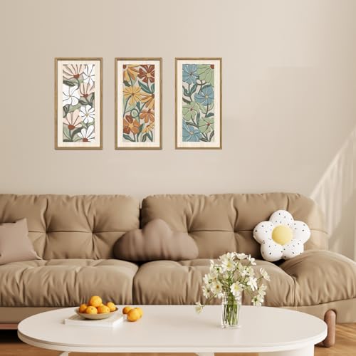 KAIRNE Vintage Colorful Floral Wooden Wall Art Set of 3,Abstract Boho Wood Decoration,Mid Century Modern Flower Wall Decor,Minimalist Wildflower Artwork for Living Room Bedroom Office,8X16 inch - Image 3
