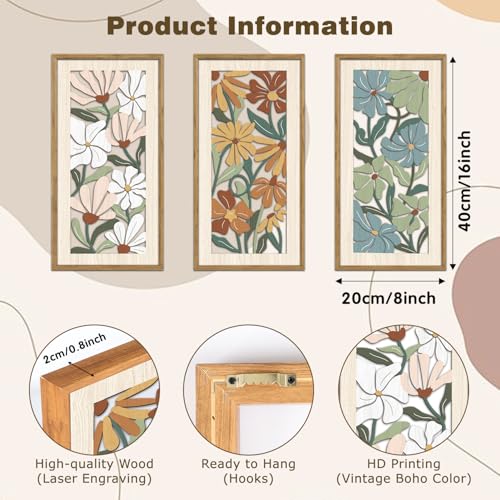 KAIRNE Vintage Colorful Floral Wooden Wall Art Set of 3,Abstract Boho Wood Decoration,Mid Century Modern Flower Wall Decor,Minimalist Wildflower Artwork for Living Room Bedroom Office,8X16 inch - Image 2