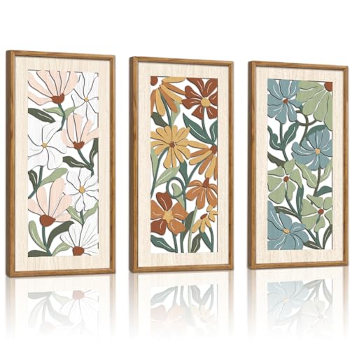 KAIRNE Vintage Colorful Floral Wooden Wall Art Set of 3,Abstract Boho Wood Decoration,Mid Century Modern Flower Wall Decor,Minimalist Wildflower Artwork for Living Room Bedroom Office,8X16 inch - Image 1