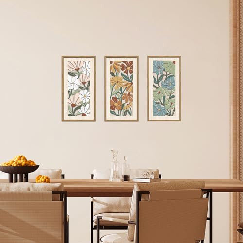 KAIRNE Vintage Colorful Floral Wooden Wall Art Set of 3,Abstract Boho Wood Decoration,Mid Century Modern Flower Wall Decor,Minimalist Wildflower Artwork for Living Room Bedroom Office,8X16 inch - Image 4