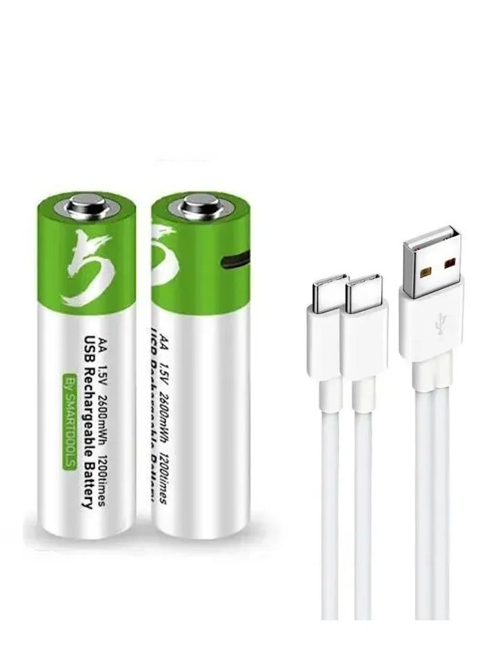 USB AA Lithium ion Rechargeable Battery, High Capacity 1.5V 2600mWh Rechargeable AA Battery, 1.5 H Fast Charge, 1200 Cycle with Type C Port Cable, Constant Output,2-Pack - Image 1
