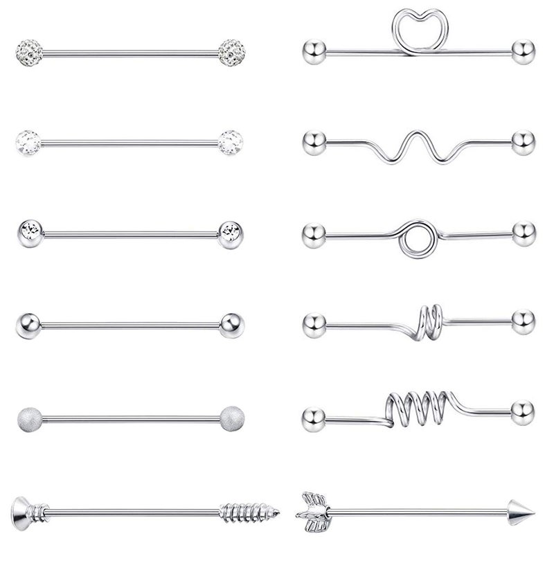 Masedy 12Pcs 14G 316L Stainless Steel Industrial Barbell Earrings for Women Men Cartilage Helix Piercing Silver - Image 1