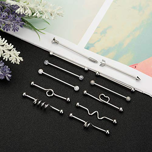 Masedy 12Pcs 14G 316L Stainless Steel Industrial Barbell Earrings for Women Men Cartilage Helix Piercing Silver - Image 5