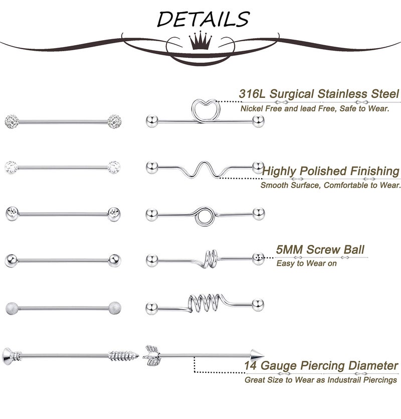 Masedy 12Pcs 14G 316L Stainless Steel Industrial Barbell Earrings for Women Men Cartilage Helix Piercing Silver - Image 3