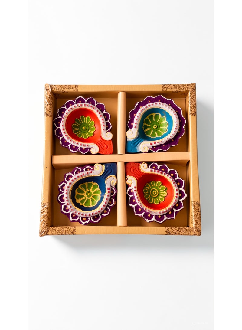 Divine Design Handcrafted Clay Diya Set of 4, Multicolour, Floral Design, Festive Diwali Decor, Gift Box Included