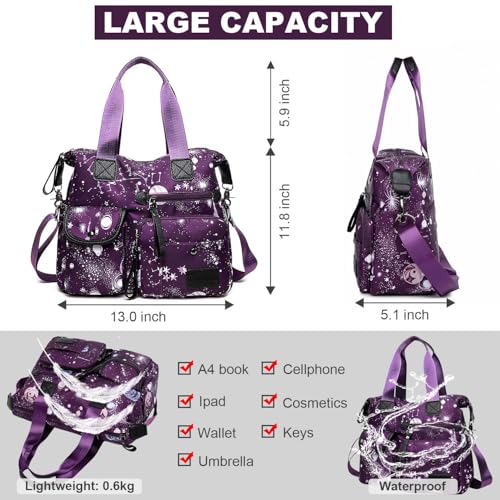 YouNuo Women's Tote Bag with Multiple Pockets & Zipper,Nurse Bags for Work Nursing Bag,Nylon Tote Handbag for Women,Large Shoulder Handbag Purse,Waterproof Galaxy Cross body Bag for Travel (Purple) - Image 4