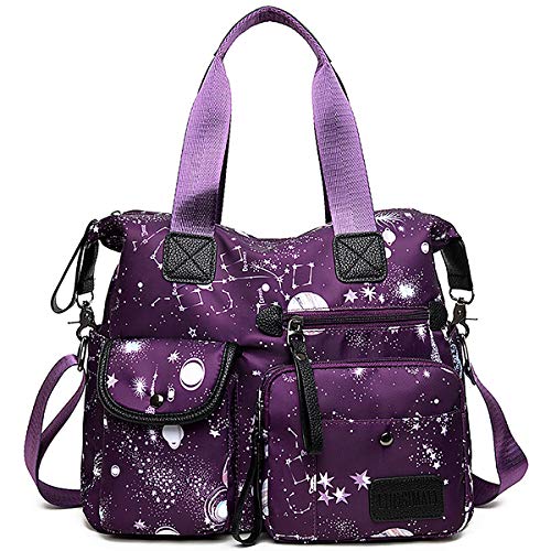 YouNuo Women's Tote Bag with Multiple Pockets & Zipper,Nurse Bags for Work Nursing Bag,Nylon Tote Handbag for Women,Large Shoulder Handbag Purse,Waterproof Galaxy Cross body Bag for Travel (Purple) - Image 1