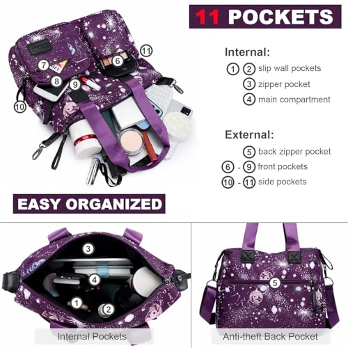 YouNuo Women's Tote Bag with Multiple Pockets & Zipper,Nurse Bags for Work Nursing Bag,Nylon Tote Handbag for Women,Large Shoulder Handbag Purse,Waterproof Galaxy Cross body Bag for Travel (Purple) - Image 5