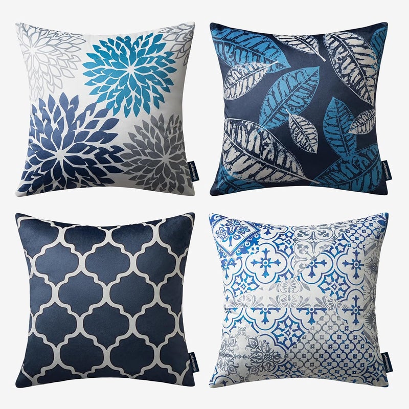 Phantoscope Set of 4 New Living Series Velvet Pillows Leaf Geometric Throw Decorative Velvet Pillow Cover Cushion Cover, Dark Blue 18 x 18 inches 45 x 45 cm - Image 1