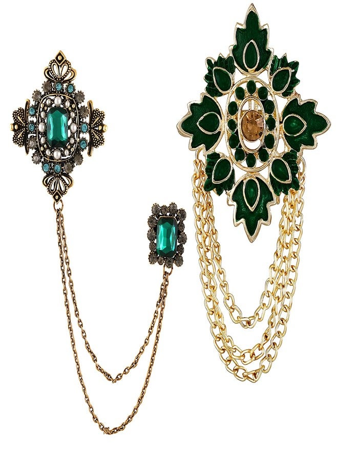 Mahi Artificial Pearl Crystal Sherwani Wedding Brooch Combo with Hanging Chain for Men (CO1105770G) - Image 1