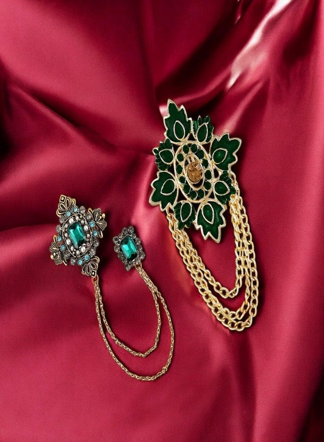 Mahi Artificial Pearl Crystal Sherwani Wedding Brooch Combo with Hanging Chain for Men (CO1105770G) - Image 5