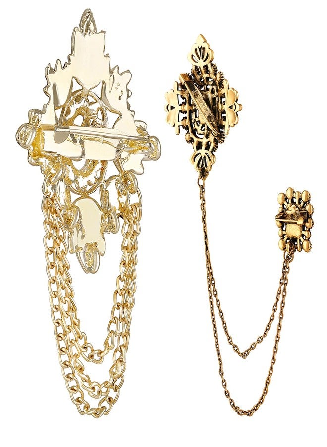 Mahi Artificial Pearl Crystal Sherwani Wedding Brooch Combo with Hanging Chain for Men (CO1105770G) - Image 4
