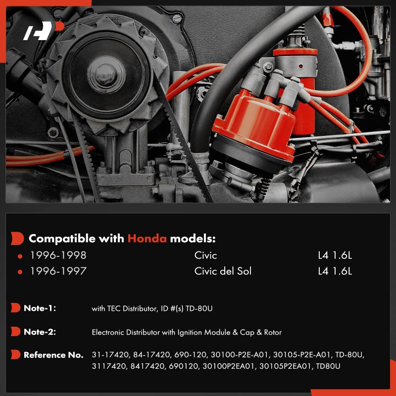 A-Premium Ignition Distributor with Cap and Rotor Compatible with Honda Civic 1996 1997 1998, Civic del Sol 1996-1997 - Image 2