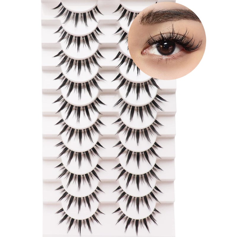 Losha Lashes Manga Lashes Natural Look Wispy False Eyelashes with Clear Band 10 Pairs Faux Mink Lashes Look Like Individual Cluster Lashes Demon