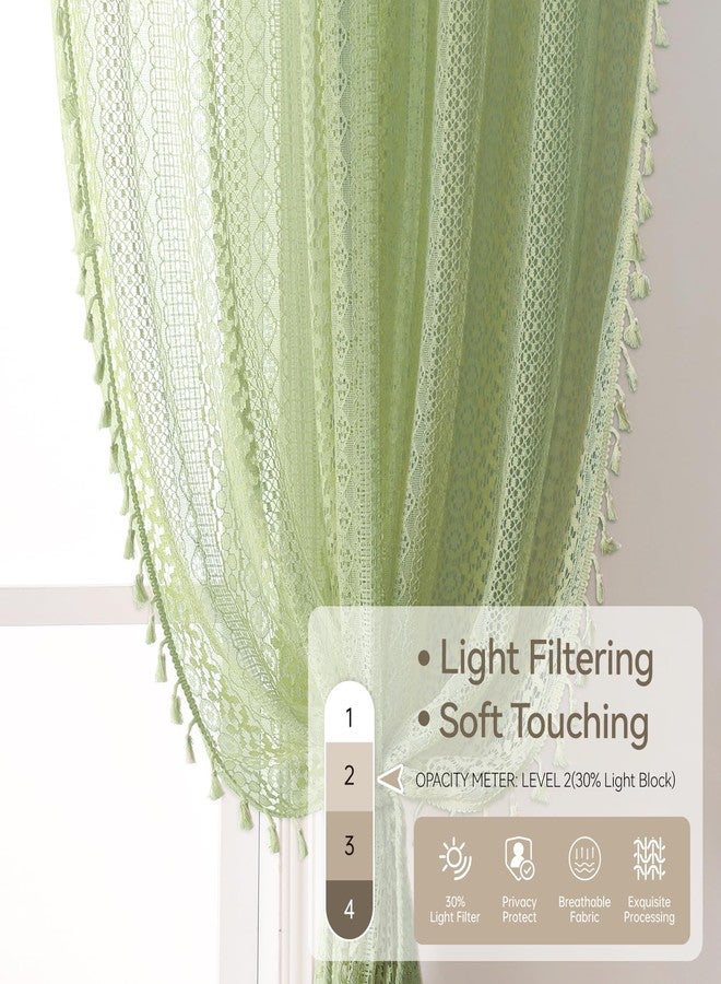 WAZZIO Green Sheer Curtains 63 Inches Long 2 Panels,Rod Pocket Cotton Blend Cute Tassel Crochet Lace Privacy Curtain Boho Spring Drapes for Bedroom Living Room Nursery,59x63 Inch - Image 4