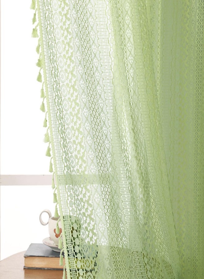 WAZZIO Green Sheer Curtains 63 Inches Long 2 Panels,Rod Pocket Cotton Blend Cute Tassel Crochet Lace Privacy Curtain Boho Spring Drapes for Bedroom Living Room Nursery,59x63 Inch - Image 3