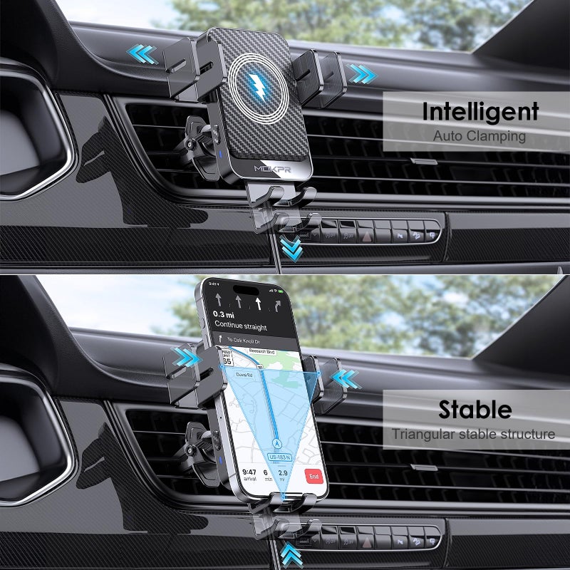 MOKPR Wireless Car Charger, MOKPR 15W Fast Charging Auto-Clamping Car Charger Phone Mount Air Vent Cell Phone Holder Compatible iPhone 16/15/14/13/13 Pro/12 pro/12/11, Samsung Galaxy S23/S22/S21/S20, etc - Image 3