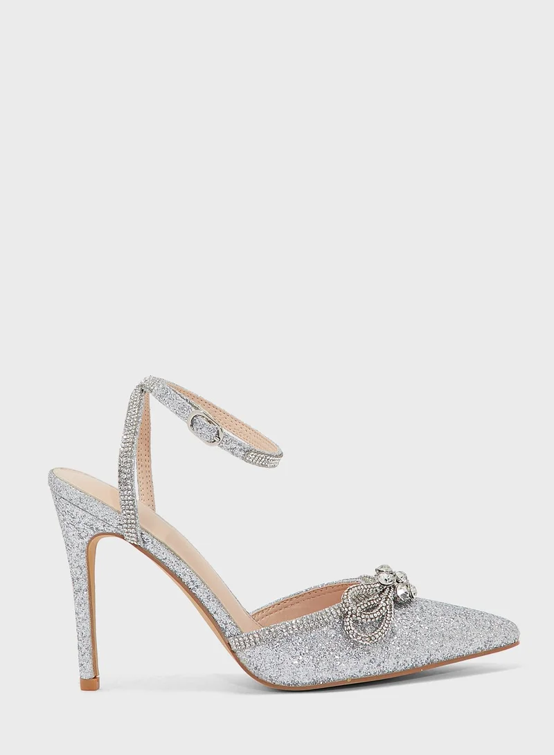 Truffle Glitter Diamante Bow And Trim Pointed Pump