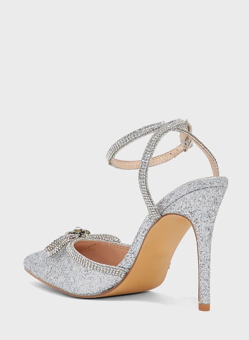 Truffle Glitter Diamante Bow And Trim Pointed Pump