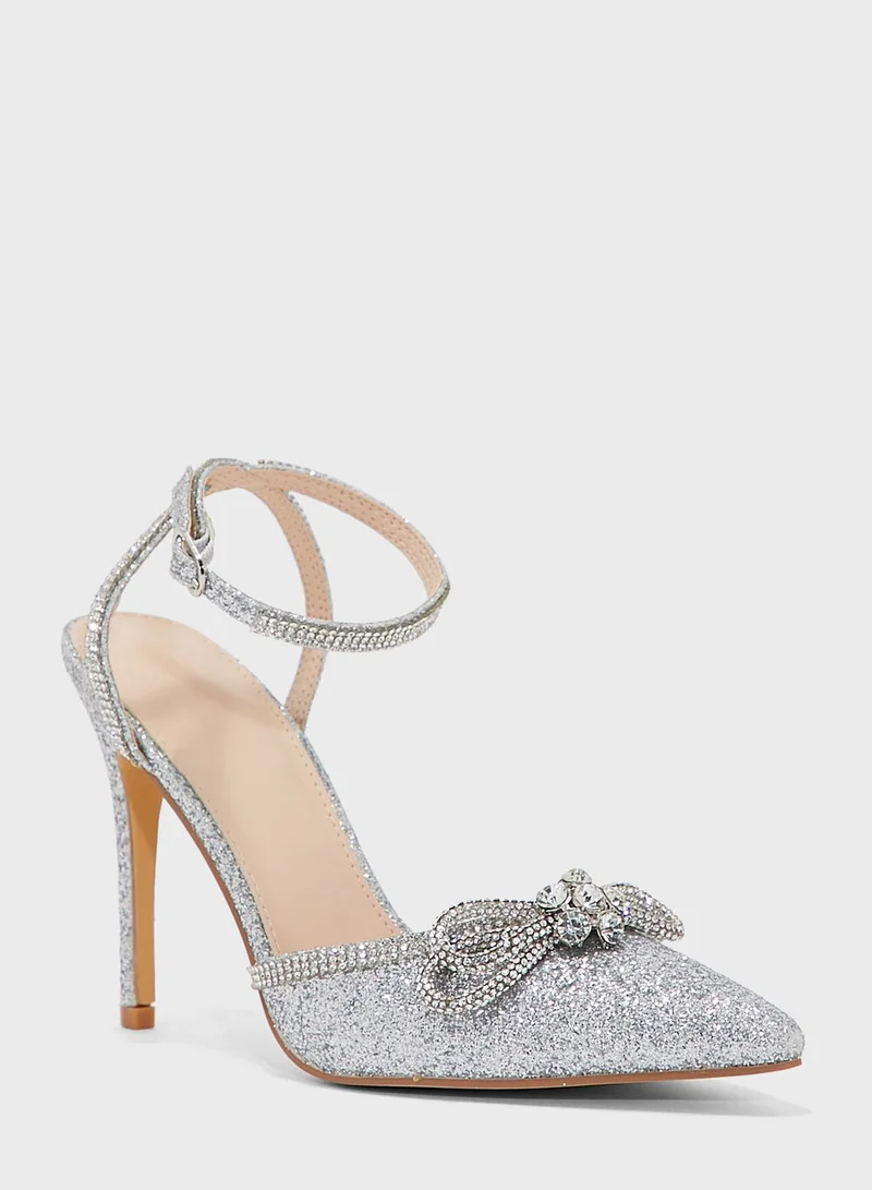 Truffle Glitter Diamante Bow And Trim Pointed Pump