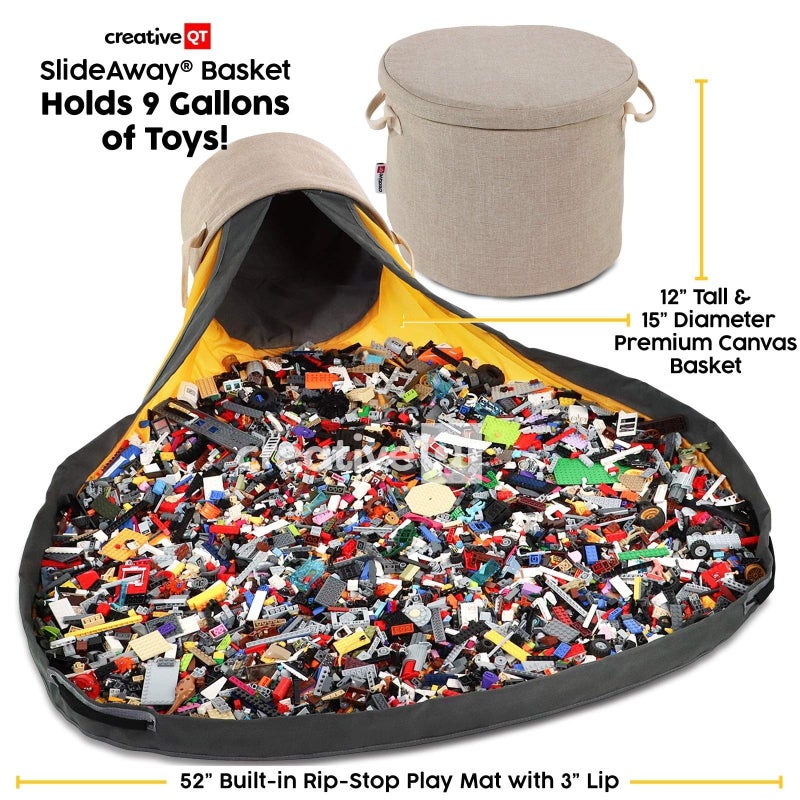 Creative QT SlideAway Toy Storage Organizer & Extra Large 52" Play Mat, Collapsible Storage Bins for Building Bricks, Small Blocks, Toys, Drawstring Cleanup for Kids Playroom & Classroom, Beige - Image 3