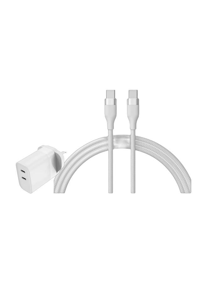 EKR محول طاقة EKR 45W من نوع GaN Type-C، شاحن سريع لجهاز iPhone 14/15/16/17، iPad، Samsung Galaxy، Pixel، AirPods، منفذين، مناسب للسفر، أبيض و كابل شحن سريع USB-C إلى USB-C EKR 100W مضفر | 2M | شريحة Emark | نقل بيانات عالي السرعة - أبيضBundle - Image 1