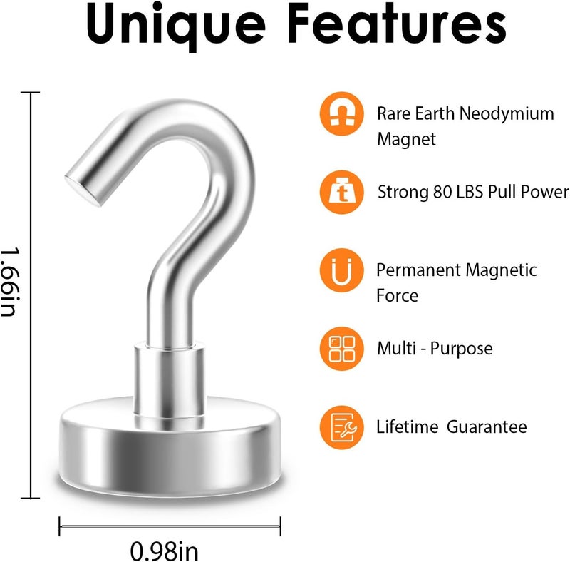 GREATMAG Magnetic Hooks Heavy Duty, 80 lbs Strong Hooks for Hanging, Magnet with Hook for Cruise, Grill, Fridge, Pack of 12, Silver - Image 2