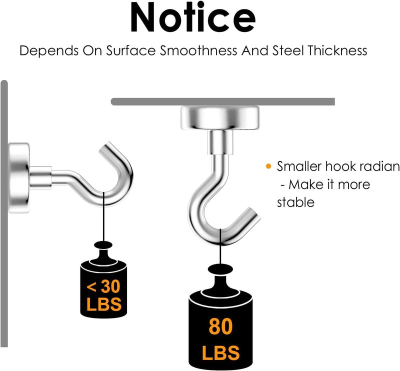 GREATMAG Magnetic Hooks Heavy Duty, 80 lbs Strong Hooks for Hanging, Magnet with Hook for Cruise, Grill, Fridge, Pack of 12, Silver - Image 4
