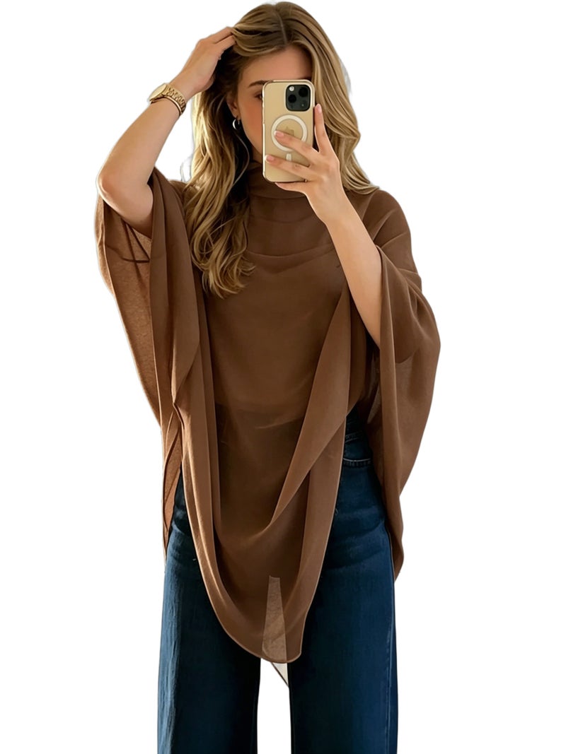 Cat Ear Directional Women'S Elegant Asymmetrical Hem Chiffon Top, Suitable for Daily Commute, Casual Wear, And Outing Dates, Versatile Style, Inner Layer Not Included - Coffee Brown / XS - Image 1