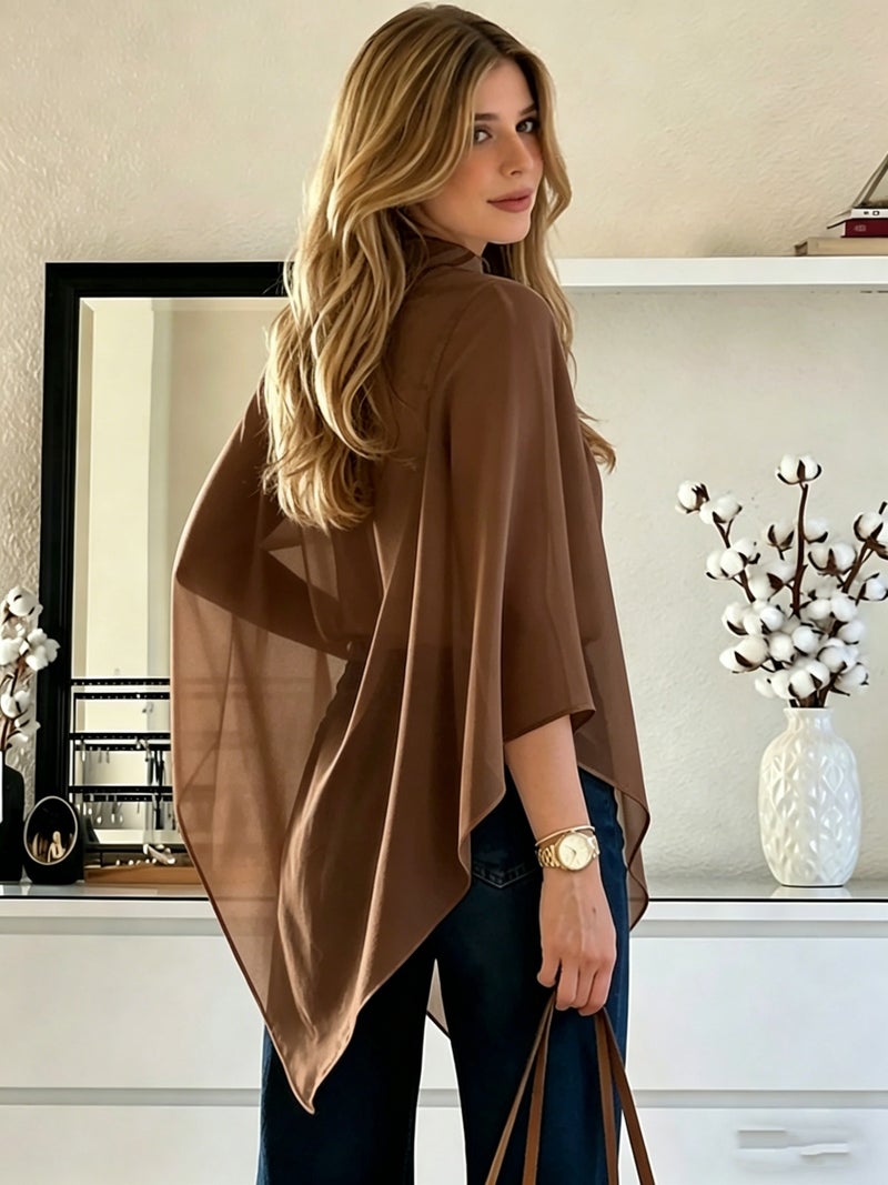 Cat Ear Directional Women'S Elegant Asymmetrical Hem Chiffon Top, Suitable for Daily Commute, Casual Wear, And Outing Dates, Versatile Style, Inner Layer Not Included - Coffee Brown / XS - Image 5