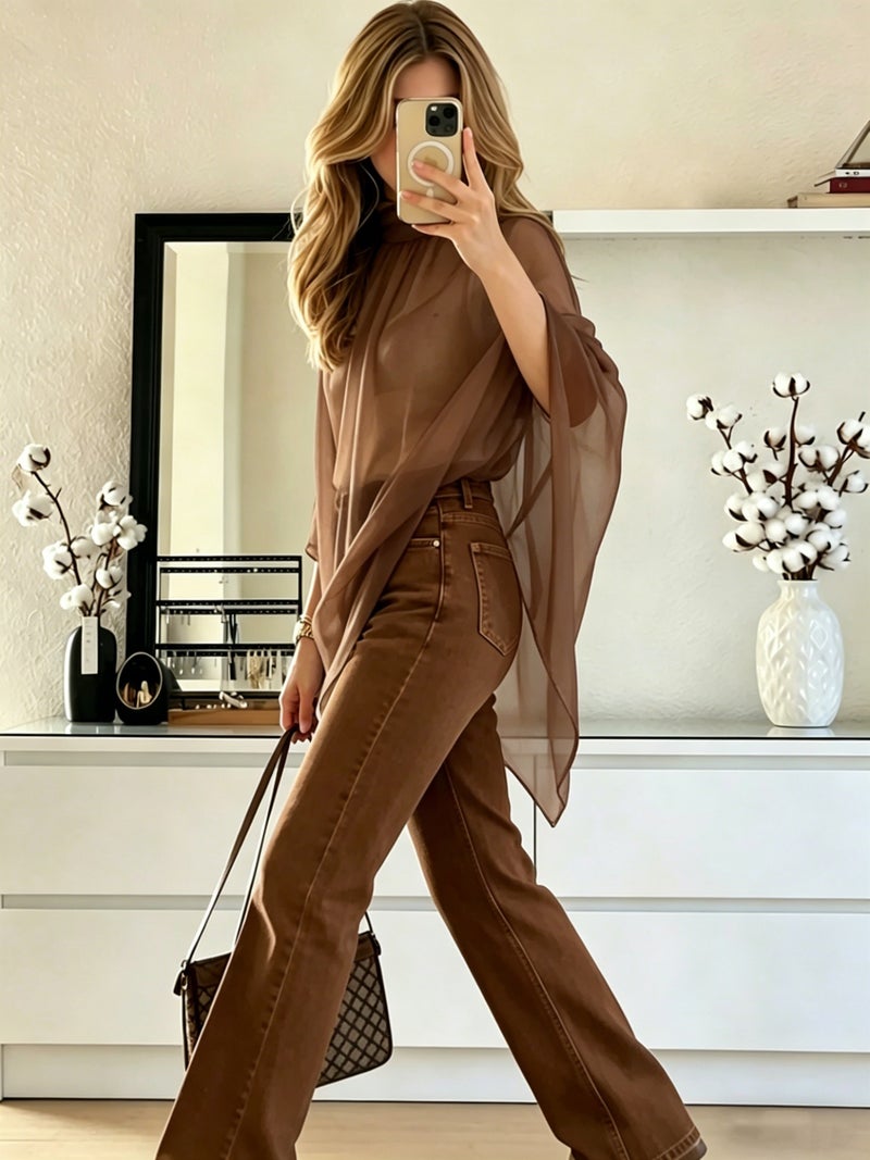 Cat Ear Directional Women'S Elegant Asymmetrical Hem Chiffon Top, Suitable for Daily Commute, Casual Wear, And Outing Dates, Versatile Style, Inner Layer Not Included - Coffee Brown / XS - Image 4