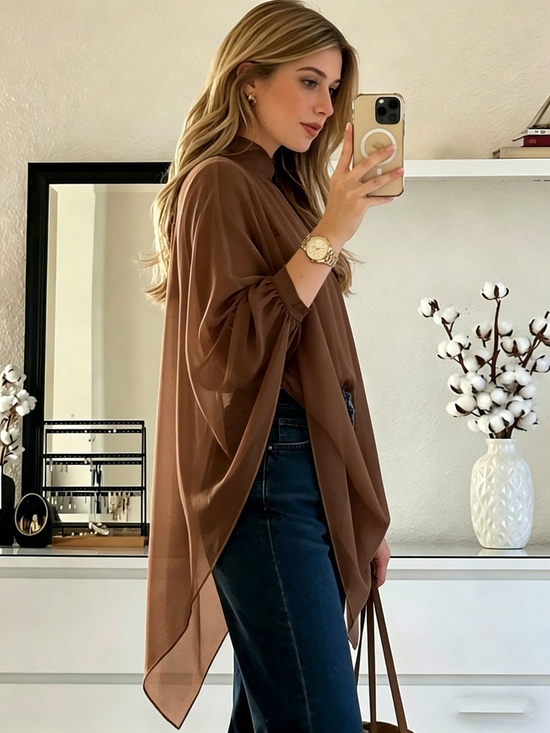 Cat Ear Directional Women'S Elegant Asymmetrical Hem Chiffon Top, Suitable for Daily Commute, Casual Wear, And Outing Dates, Versatile Style, Inner Layer Not Included - Coffee Brown / XS - Image 3