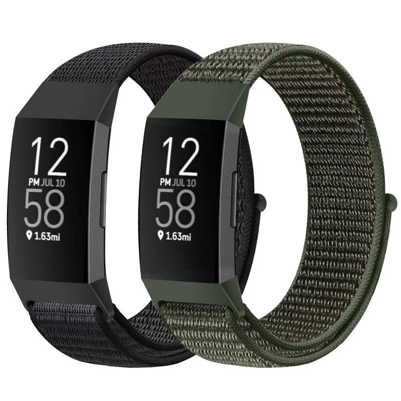 Avod Nylon Watch Bands Compatible With Fitbit Charge 4/Charge 3/Se  Soft Replacement Wristband Breathable Sport Strap With Band For Women Men (Dark Black+Navy Green)