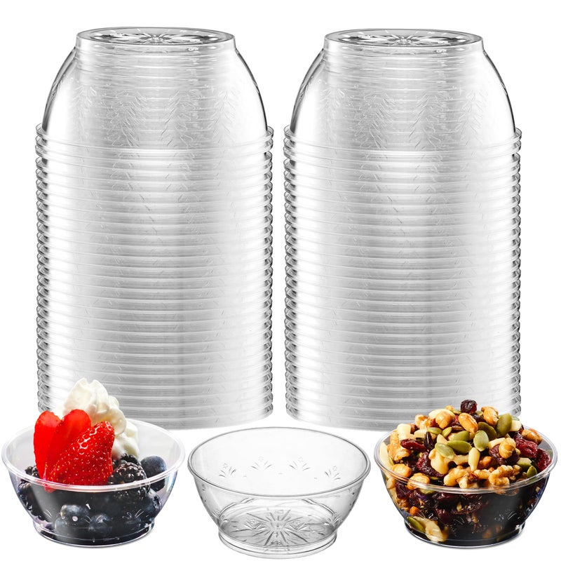 JoyServe Clear Mini Plastic Bowls  Bulk 50 Pack 6 Oz Disposable Premium Hard Plastic Dessert Bowls for Serving Weddings Catering Parties Salsa Home or Event Party Supplies