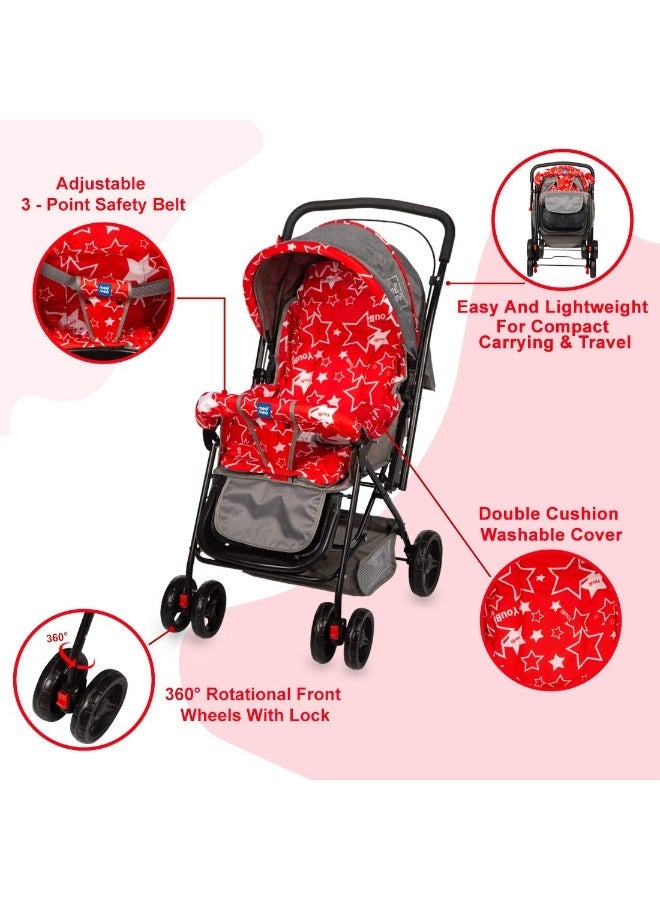 Mee Mee Easy to Push Baby Stroller Pram with Quick One Hand Folding | Comfortable Seating | Fully Rotating Wheels | Feeding Tray for New Born Baby/Kids, 0-4 Years, Red and Grey - Image 2
