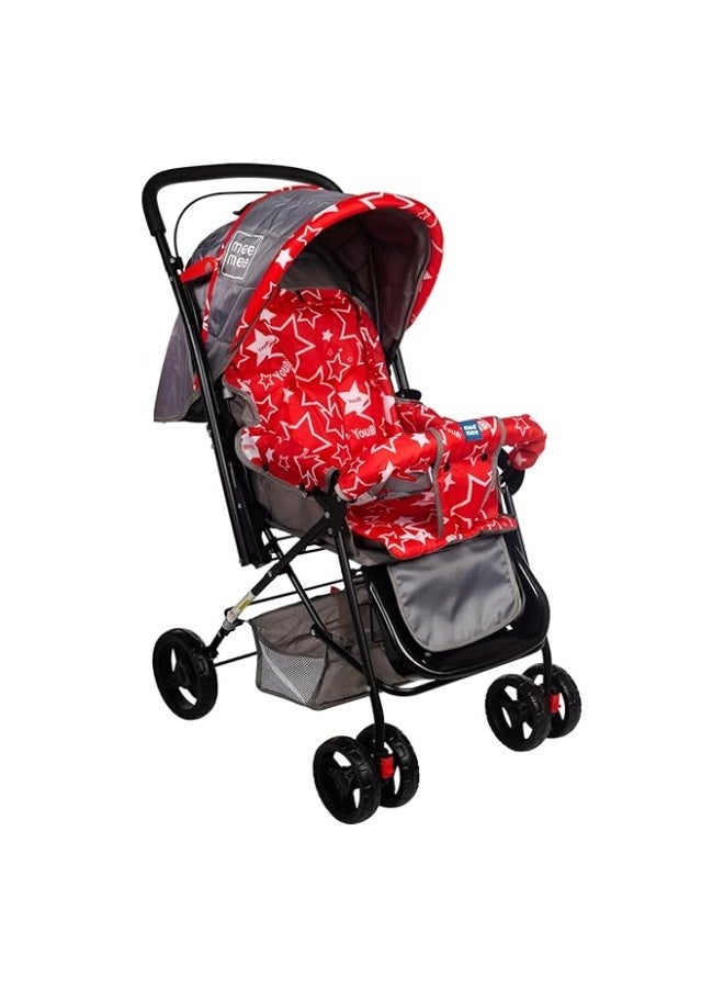 Mee Mee Easy to Push Baby Stroller Pram with Quick One Hand Folding | Comfortable Seating | Fully Rotating Wheels | Feeding Tray for New Born Baby/Kids, 0-4 Years, Red and Grey - Image 1