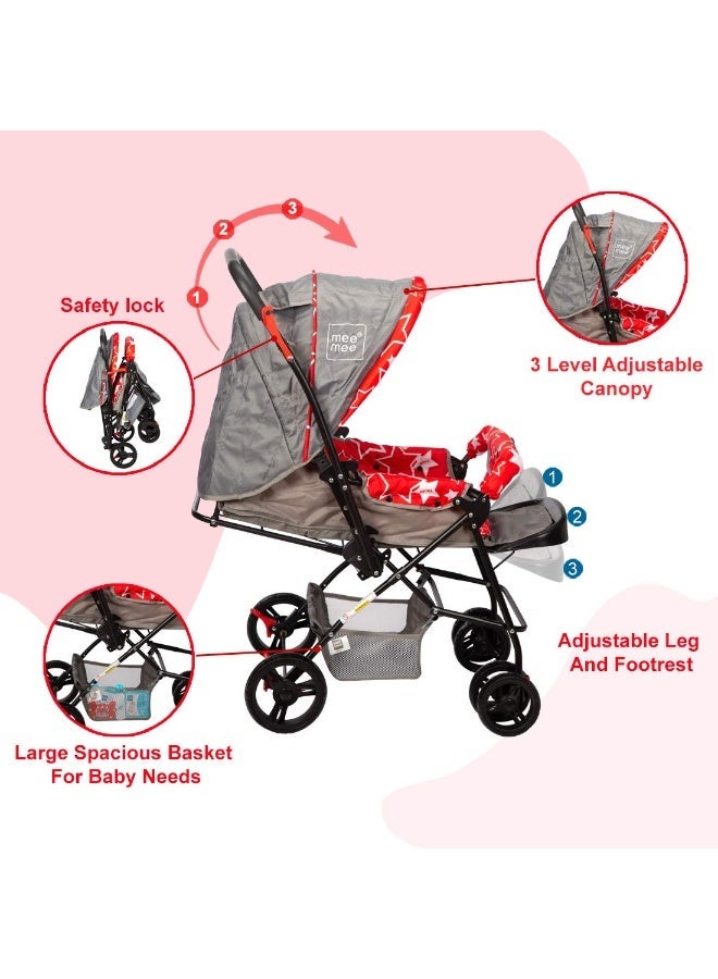 Mee Mee Easy to Push Baby Stroller Pram with Quick One Hand Folding | Comfortable Seating | Fully Rotating Wheels | Feeding Tray for New Born Baby/Kids, 0-4 Years, Red and Grey - Image 4