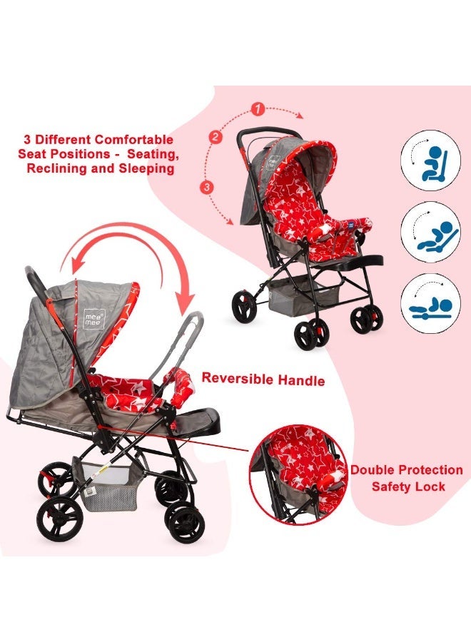 Mee Mee Easy to Push Baby Stroller Pram with Quick One Hand Folding | Comfortable Seating | Fully Rotating Wheels | Feeding Tray for New Born Baby/Kids, 0-4 Years, Red and Grey - Image 3
