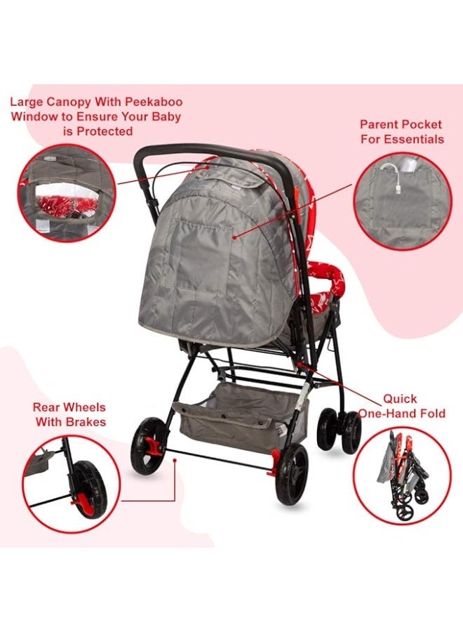 Mee Mee Easy to Push Baby Stroller Pram with Quick One Hand Folding | Comfortable Seating | Fully Rotating Wheels | Feeding Tray for New Born Baby/Kids, 0-4 Years, Red and Grey - Image 5
