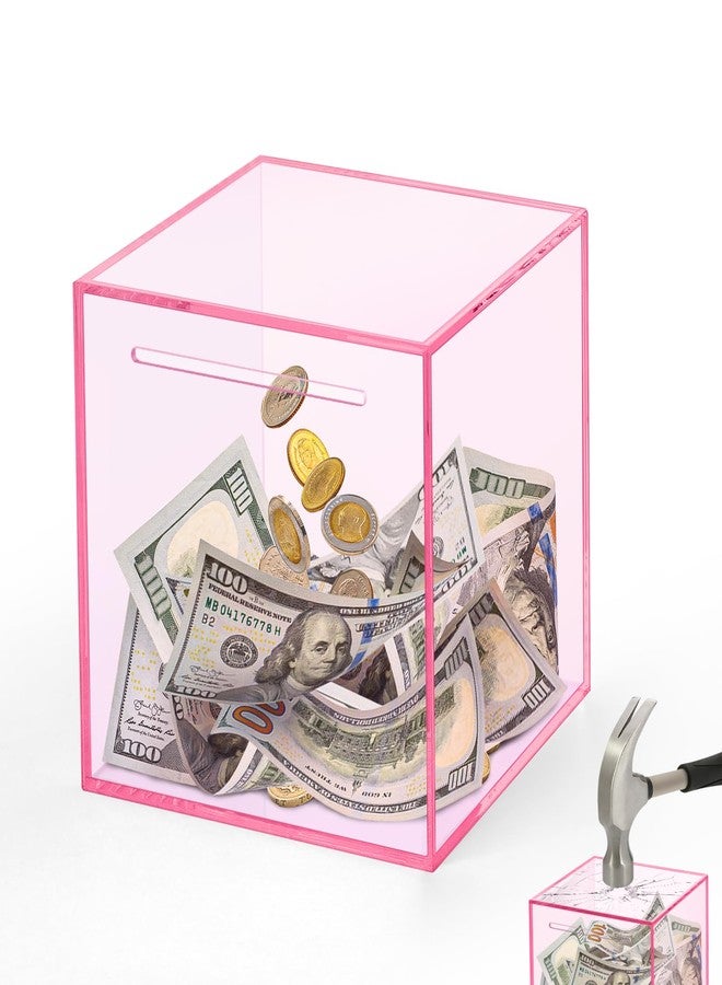 Imeepa Clear Piggy Bank for Adults & Kids - Acrylic Money Savings Box for Cash & Coin, Must Break to Open, Unopenable Piggy Bank for Boys Girls(Pink, 4.72'') - Image 1