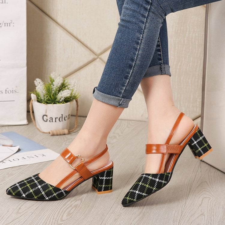 2025 spring new European and American thick heel plaid women's shoes plus size 42 high heels pointed back empty foreign trade sandals - Image 4