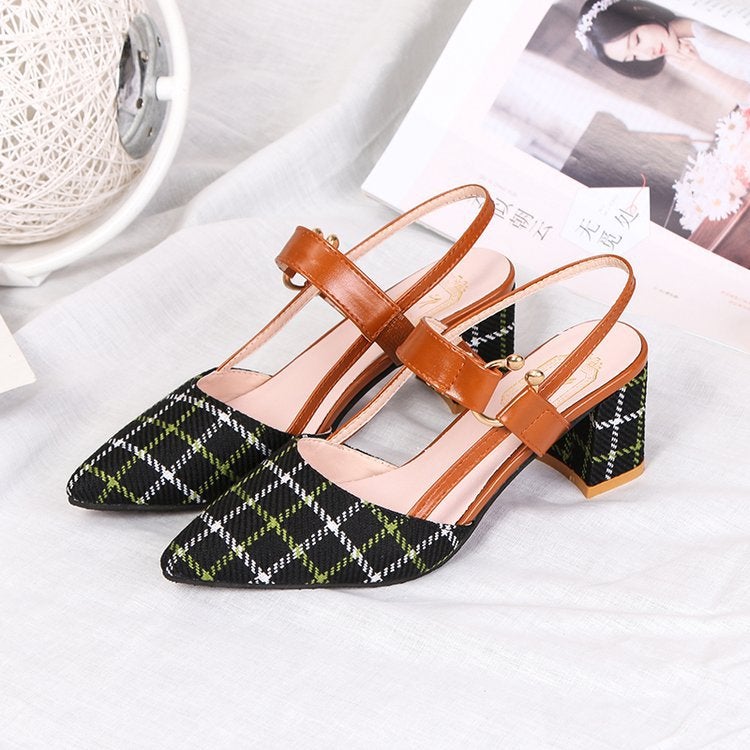 2025 spring new European and American thick heel plaid women's shoes plus size 42 high heels pointed back empty foreign trade sandals - Image 1