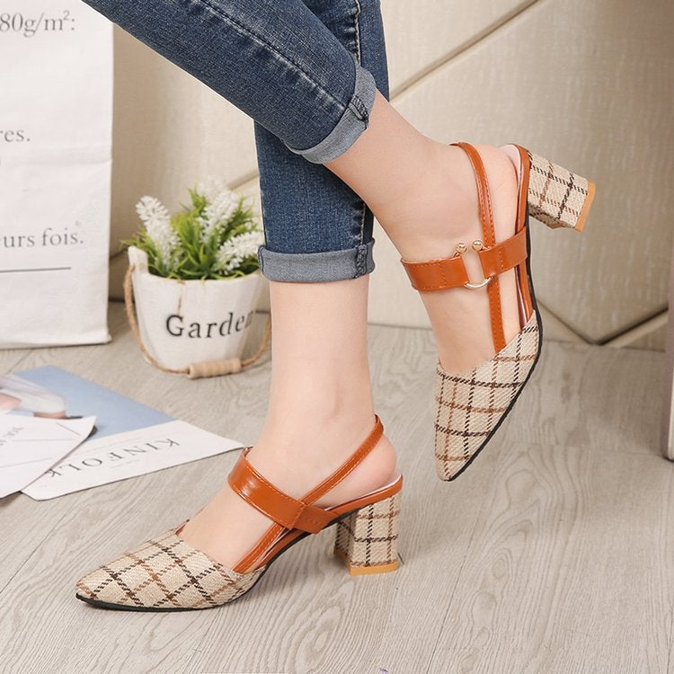 2025 spring new European and American thick heel plaid women's shoes plus size 42 high heels pointed back empty foreign trade sandals - Image 3