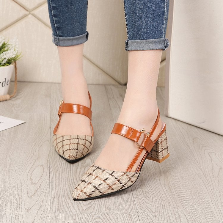 2025 spring new European and American thick heel plaid women's shoes plus size 42 high heels pointed back empty foreign trade sandals - Image 2