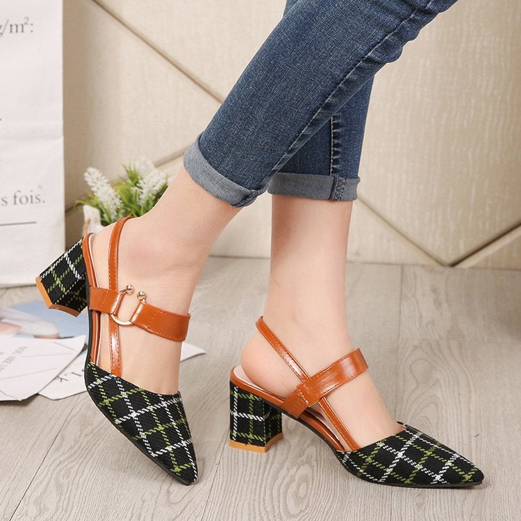 2025 spring new European and American thick heel plaid women's shoes plus size 42 high heels pointed back empty foreign trade sandals - Image 5