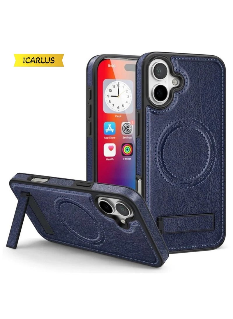 ICARLUS For iPhone 16 Magnetic Case Leather Kickstand Phone Cover Compatible with MagSafe - Blue  - Image 1