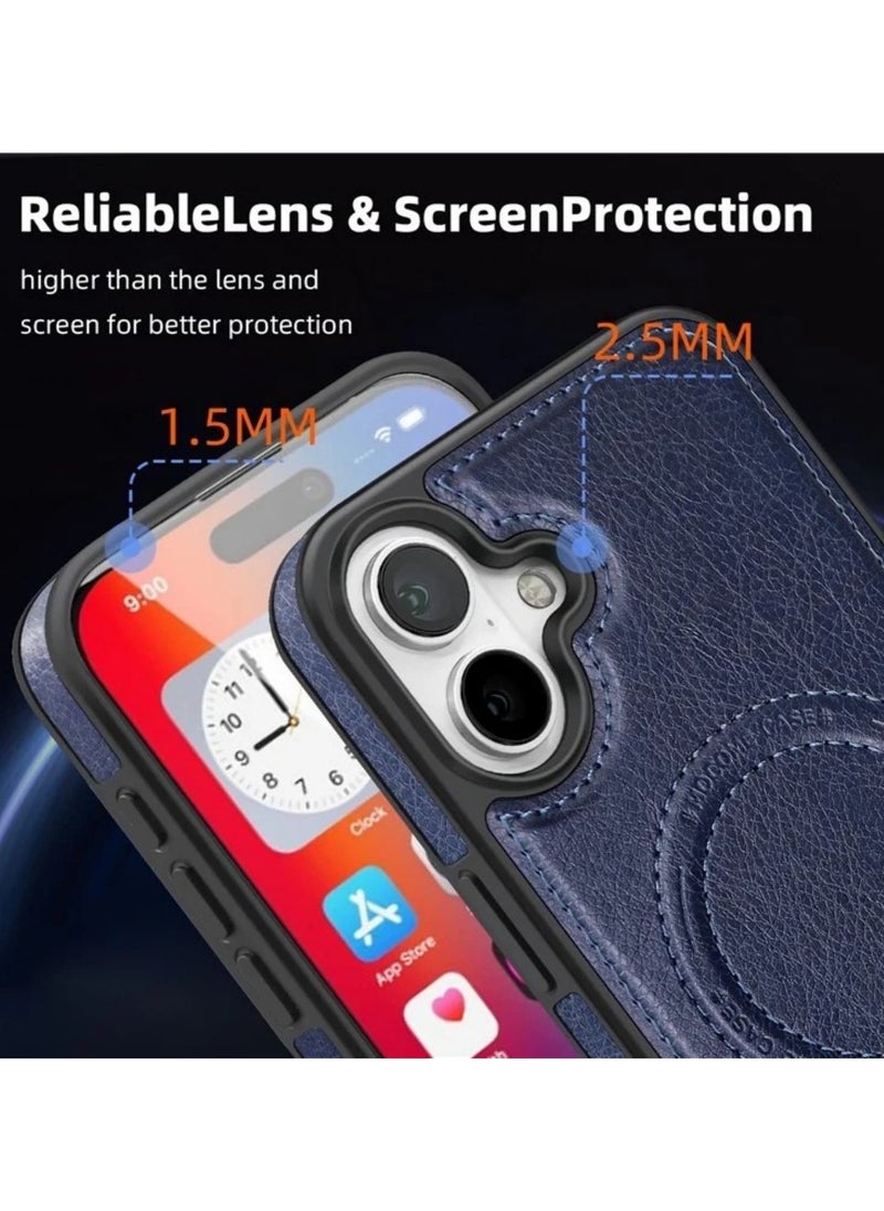 ICARLUS For iPhone 16 Magnetic Case Leather Kickstand Phone Cover Compatible with MagSafe - Blue  - Image 4