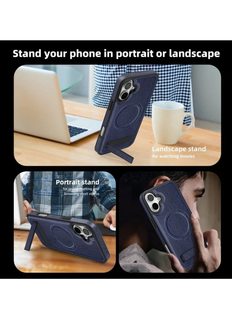 ICARLUS For iPhone 16 Magnetic Case Leather Kickstand Phone Cover Compatible with MagSafe - Blue  - Image 5