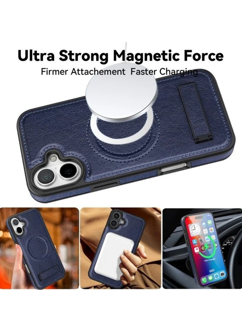 ICARLUS For iPhone 16 Magnetic Case Leather Kickstand Phone Cover Compatible with MagSafe - Blue  - Image 2