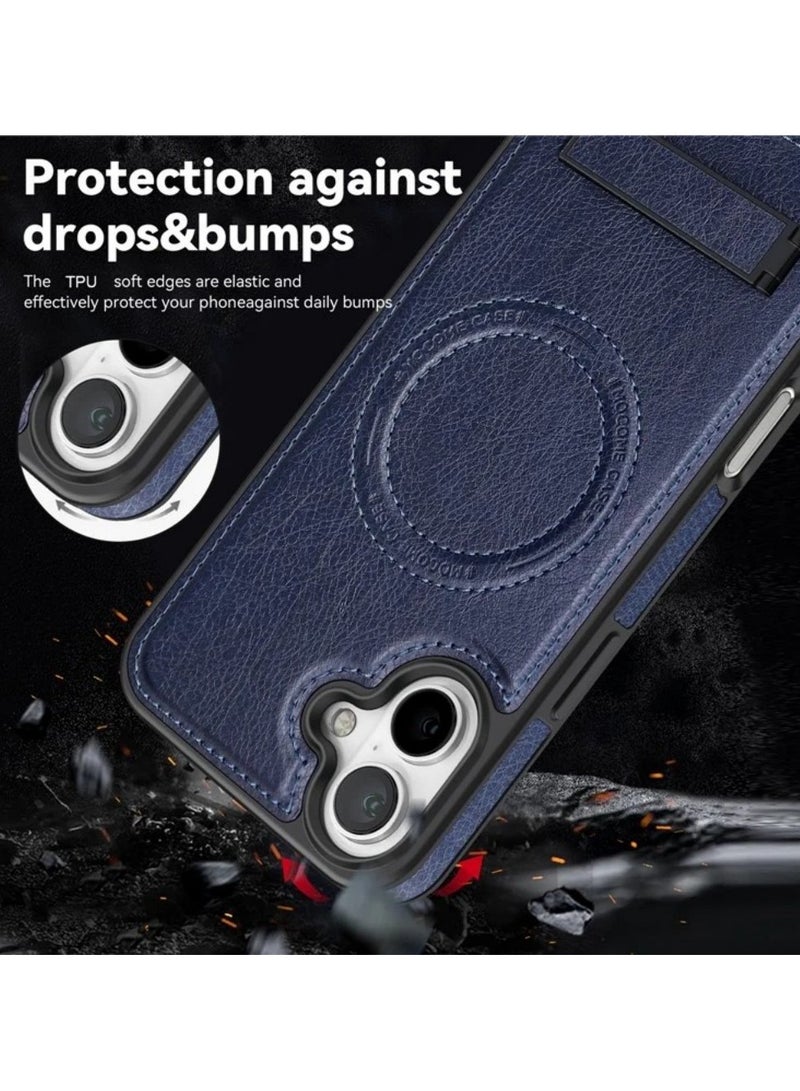 ICARLUS For iPhone 16 Magnetic Case Leather Kickstand Phone Cover Compatible with MagSafe - Blue  - Image 3